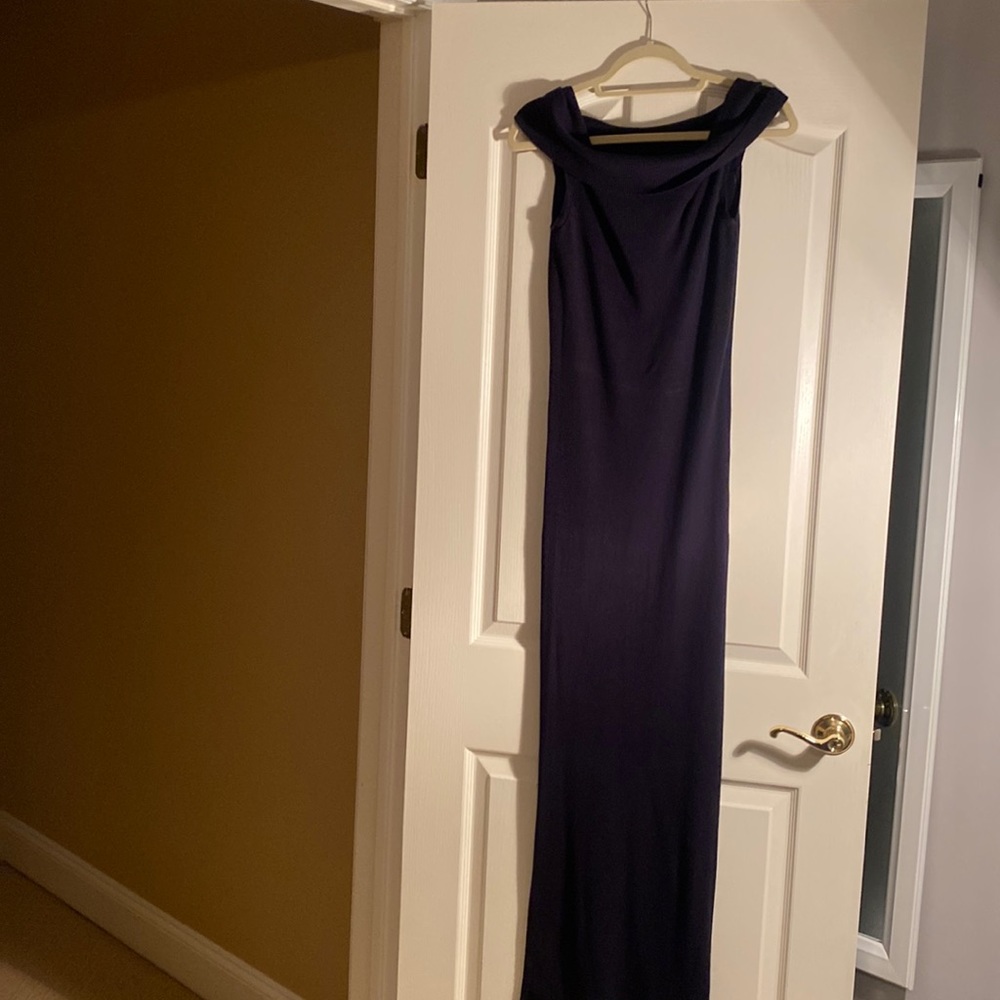 Navy blue off the shoulder knit maxi dress
